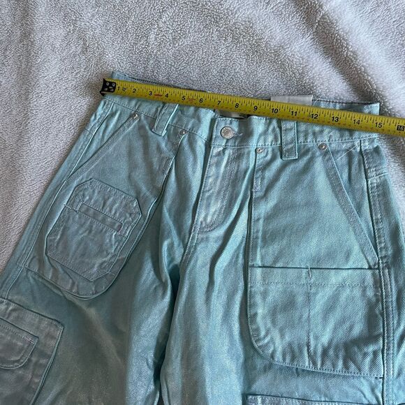 We the free Lap Of Luxury Barrel Cargo Jeans Metallic Coating Aqua Marine 26 NEW - Picture 3 of 8